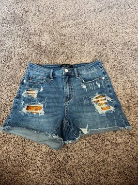 Judy Blue Blue Distressed Denim Shorts with Orange Floral Pockets